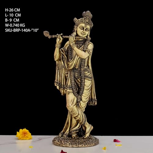 Image of INDICAST Brass 10 inch Lord Krishna Statue | Handcrafted Standing Krishna Murti Hindu God Idol Figurine Perfect for Decoration Puja & Gifting Purpose Sculpture (Weight- 740gm)