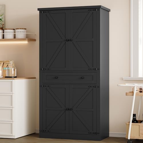 Image of BORNOON Pantry Organizers and Storage Cabinet, 67.7 inch Barn Door White Kitchen Cabinet with Drawers and Adjustable Shelf, Tall Pantry for Kitchen, Dining Room, Living Room