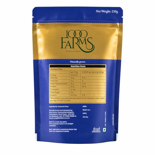 Image of 1000Farms Organic Coconut Flour 250g | 100% Natural Nariyal | Gluten Free, High Fiber for Better Digestion, Low Carb for Keto Diet | Ideal for Baking, Cakes & Cookies