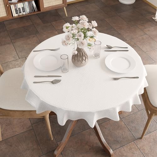 Image of Encasa XO Dining Table Cover Rectangular 85 cm-Round | Waterproof Textured Polyester Dining Table Cloth | Machine Washable Tablecloth | ZZ White
