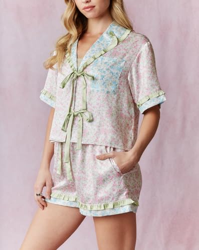 Womens Cute Bow Tie Front Pajamas Summer Y2k Floral Pjs 2 Piece Outfits Puff Sleeve Shirt Ruffle Lounge Shorts Sets3