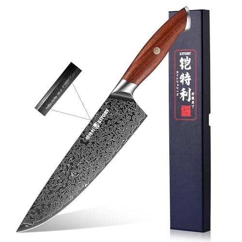Kitory Couteau de Chef Damas 20cm, 73 couches Couteau Japonais Professionnel Forgé à la Main en Acier 10Cr15CoMoV, Ergonomique en Bois de Santal Rouge avec Coffret Cadeau - Série Damas Kitory Couteau de Chef Damas 20cm, 73 couches Couteau Japonais Professionnel Forgé à la Main en Acier 10Cr15CoMoV, Ergonomique en Bois de Santal Rouge avec Coffret Cadeau - Série Damas