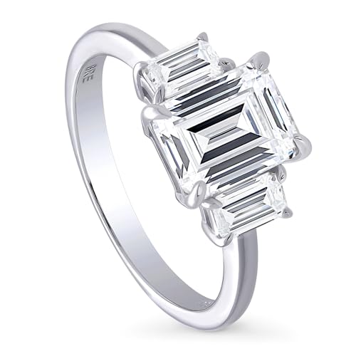 BERRICLE Sterling Silver 3-Stone Promise Wedding Engagement Rings for Her, 2.1 Carat Step Emerald Cut Cubic Zirconia CZ Ring