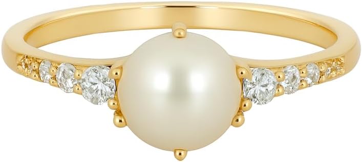 Freshwater Pearl Engagement Ring for Women 14K Yellow Gold Round Pearl Ring with CZ Diamonds Dainty Bridal Promise Ring Classic Vintage Inspired Jewelry Gift