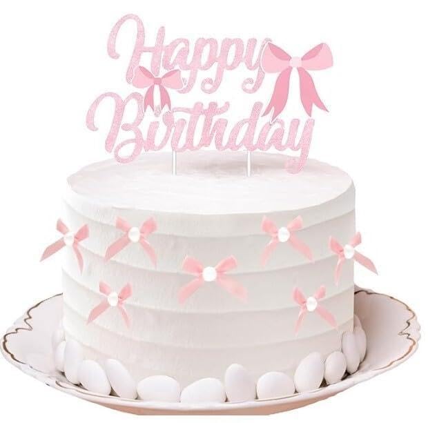 "Pink Cake Decorations - Bow Birthday Cake Topper with Pearls, Non-Edible Food Safe Decoration for Birthday Party, Easy to Install"