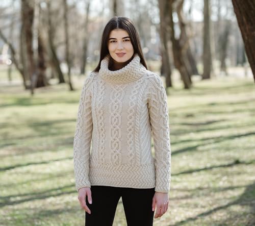 Image of SAOL Aran Irish Sweater for Women - Made of 100% Merino Wool - Ireland Fisherman Cable Knit Ladies Pullover
