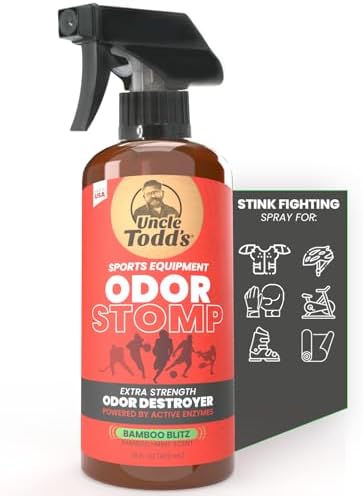 Uncle Todd’s Odor Stomp Sports Equipment Odor Eliminator Spray - Extra Strength Enzyme-Powered Deodorizer for Football, Hockey, Gym Bags, and Athletic Gear - Bamboo Blitz Scent - 16 oz