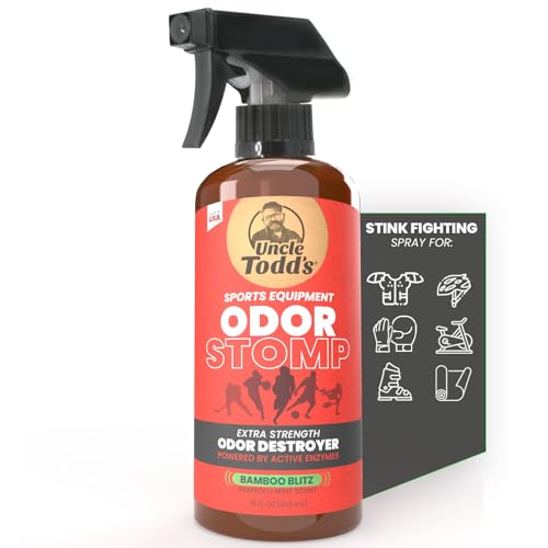 Uncle Todds Odor Stomp Sports Equipment Odor Eliminator Spray - Extra Strength Enzyme-Powered Deodorizer for Football Hockey Gym Bags and Athletic Gear - Bamboo Blitz Scent - 16 oz