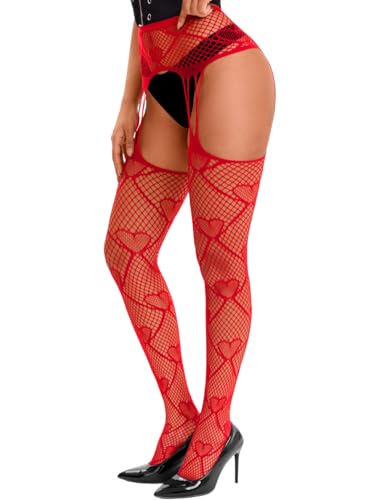 ShawGobow Heart Fishnets Sexy Thigh High Stockings With Garter Valentines Tights For Women Plus Size 0-18 Red
