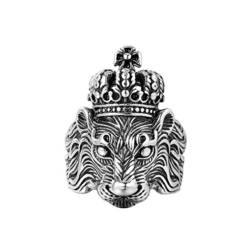 JIAW Men's Ring Crown Lion King Ring Personality Fashion Domineering Index Finger Ring Silver Jewelry Retro Punk Lion Ring,7
