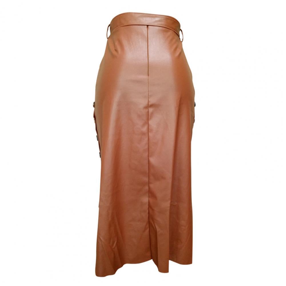 Falda de Cuero para Mujer, Falda Midi Dividida con Botones y Vendaje de Piel sintética for Mujer, Multicolor, Tallas S-XL