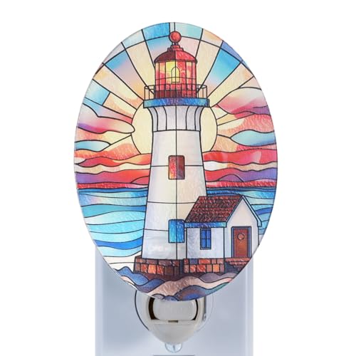 Image of Lighthouse Stained Glass Styled Night Light Plug in - Made with Real Glass, Bulb Included, On /Off Switch - Nautical Beach Theme Bathroom, or Beach House Accent Light Dawn Red Blue