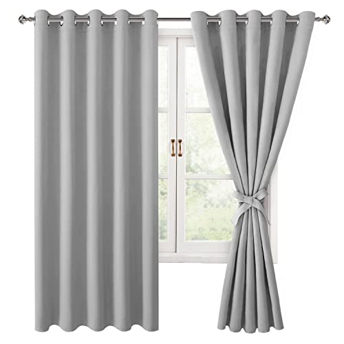 Hiasan Grommet Blackout Curtains for Bedroom, 60 x 72 Inches - Thermal Insulated & Light Blocking Window Drapes for Living Room/Dorm Room, Set of 2 Panels Sewn with Tiebacks, Silver Grey