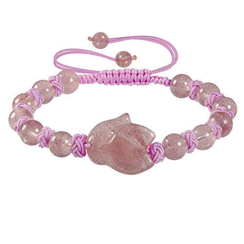 SUNYIK Hand Carved Fox Amulet Charms Braided Bracelet for Women, Healing Crystal Stone Beads Adjustable Bracelet for Unisex, Strawberry Quartz