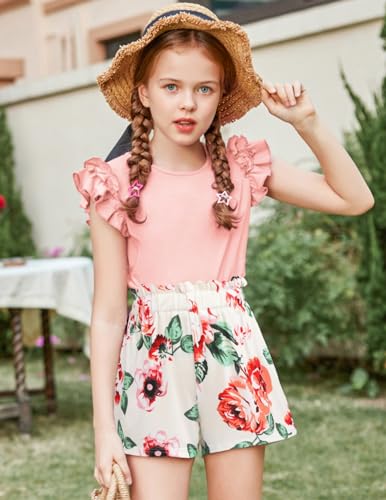 Image of Arshiner Girls 2 Piece Outfits Summer Clothes Ruffle Short Sleeve Shirts Top and High Waist Paper Bag Shorts Set with Pockets