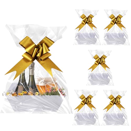 Juego de cestas de regalo, 6 cestas de regalo vacías, cestas para regalos, cesta de regalo de cartón con asas, nudos de arco y bolsas de regalo transparentes, kit de cesta para fiestas de Navidad