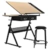 DlandHome Houten verstelbare tekentafel ambachtelijke tafel tekenbureau met kruk Hobby tafel schrijfbureau Studio Bureau met laden,CZKLD-026