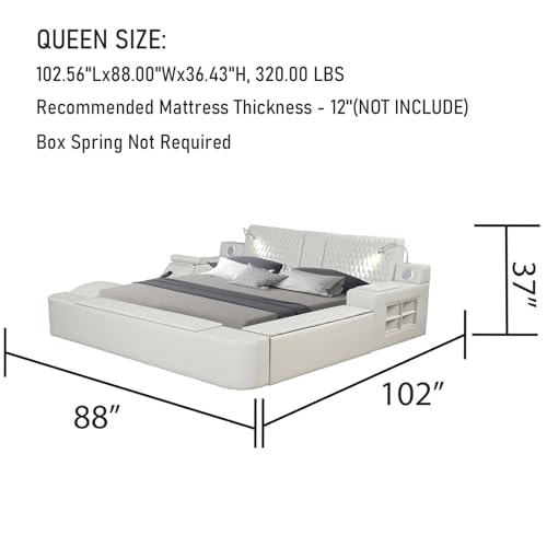 Multifunction Smart Bed - Luxury Bed Frame with Lights and Massage Chair, Upholstered Bed Frame with USB Port & Speakers, Lift End Table and 6 Storage Space, No Box Spring Needed (Beige, Queen)
