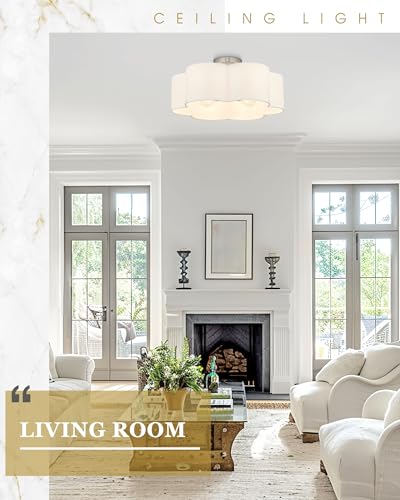 Image of Semi Flush Mount Ceiling Lights, 6-Light 18 inch Ceiling Light Fixtures with Fabric Shade in Flower Shape, Brushed Nickel Farmhouse Drum Lighting for Nursery Bedroom Kitchen, AD-22007-6SF-SN