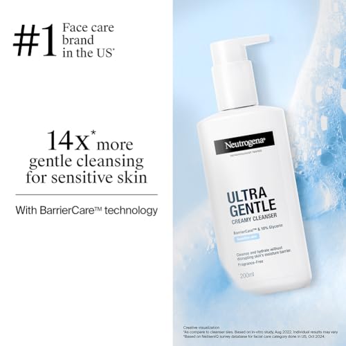 Image of Neutrogena Ultra Gentle Creamy Cleanser | 14X Gentler Cleanser | All Skin Types Including Sensitive Skin | Face Wash for Sensitive Skin for Men & Women | With Barriercare Technology & 10% Glycerin | Paraben-Free
