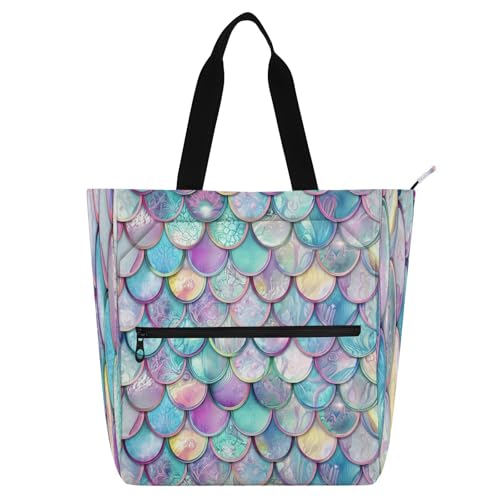 Mermaid Scale Book Tote Bag,Large Capacity Handbag with Zipper Perfect for School,Travel,Shopping