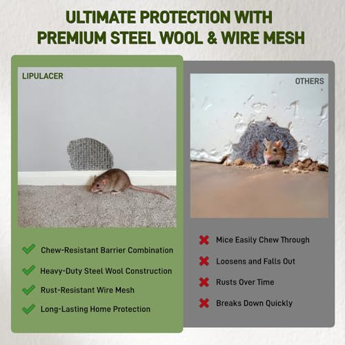 Image of Steel Wool Mice Control, 3 Pack 3''x11.5Ft Steel Wool & 1 Pack 5''x15Ft Stainless Steel Wire Mesh with Gloves, Scissors & Wood Stick, Mouse Hole Filler DIY Kit for House & Garage, Wall Gaps
