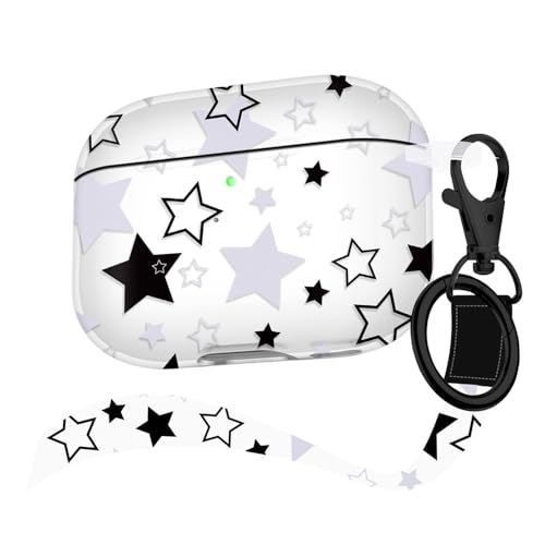 Image of Compatible with Airpods Pro 2nd Generation Case with Lanyard,Airpods Case Portable & Shockproof for Women Men,Black and White Five-Pointed Star