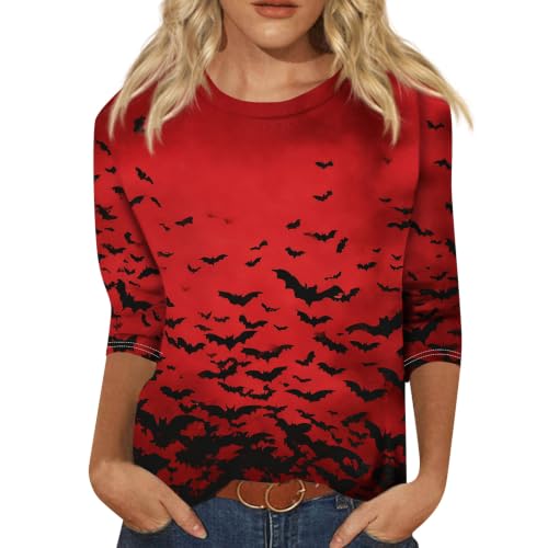Image of Women Spooky Halloween Graphic Shirt 3 /4 Length Sleeve Crewneck Top | Halloween Funny Printed Pumpkin Plus Size Tshirts 2026 Fall Outfits Skeleton Tee Going Out Tops
