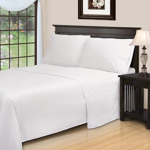 Superior Egyptian Cotton 300 Thread Count Bed Sheet Set, 1 Elastic Deep Pocket Fitted Sheet, 1 Flat Sheet, 2 Pillowcases, Daily Sheets, Luxury Home Essentials, Striped Design, Olympic Queen, White