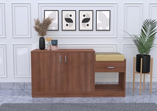 WoodExpress Wooden Shoe Rack Organizer with Cushion Seat for Entryway, Engineered Wood Shoe Cabinet for Living Room, Home & Office - Wooden Storage Bench with Walnut Finish, 38D x 120W x 60H cm