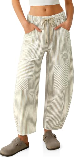Image of TARSE Womens Striped Linen Barrel Pants with Pockets Y2k Patchwork