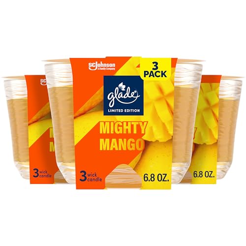 Glade 3-Wick Scented Candle Jar, Mighty Mango, Air Freshener Infused with Essential Oils, 6.8 Oz, 3 Count