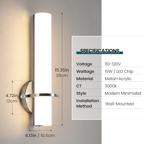 Image of AIJIASI Brushed Nickel Wall Sconces Set of Two - 15 inch Modern Bathroom Sconce 15W 3000K Dimmable LED Sconces Wall Lighting, Indoor Wall Sconce Light for Living Room Corridor Mirror Bedroom Stairs