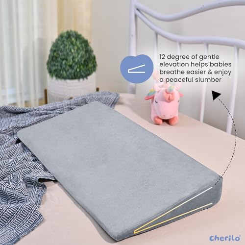 Image of Cherilo Full Size Elevated Wedge Pillow for Baby Crib & Mattress, Elevate Baby to Prevent Acid Reflux, Colic, GERD, Heat Burn & Vomiting | 28 inch x 14 inch x 3.5 inch | - with Removable Velvet Cover - Grey