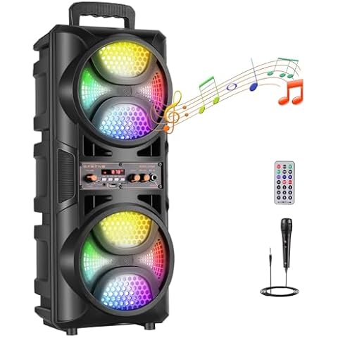 ROXAAN Portable PA Speaker System with Dual 6.5 Inch Woofer, TWS Wireless Bluetooth Speaker with Wired Microphone, Remote, FM Radio, Party Lights, Outdoor Karaoke Machine for Events, Camping, Travel Cover