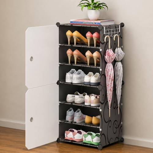 Image of Oumffy Plastic Shoe Rack for Home | ๐ ๐๐๐ฒ๐๐ซ Shoe Organizer Cabinet with ๐ ๐๐จ๐จ๐ซ๐ฌ | Dustproof Shoe Storage Rack for Entryway, Bedroom & Living Room | Space Saving Multipurpose Stand | BLKWHT