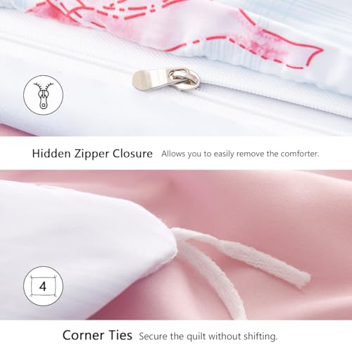 Image of Girls Duvet Cover Set Full Size Pink Bowknot and Blue Gingham Printed Design,Cozy Bedding Set 3pcs Simple and Elegant Style,Microfiber Comforter Cover with Zipper Closure and 2 Pillowcases