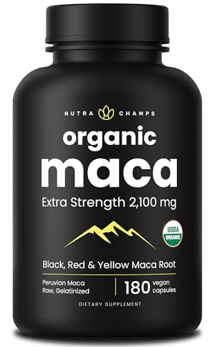 NutraChamps USDA Organic Maca Root Capsules for Women & Men, 2100mg, 180 Capsules, Black, Red & Yellow Peruvian Gelatinized, Highest Potency Maca Root Powder Supplement