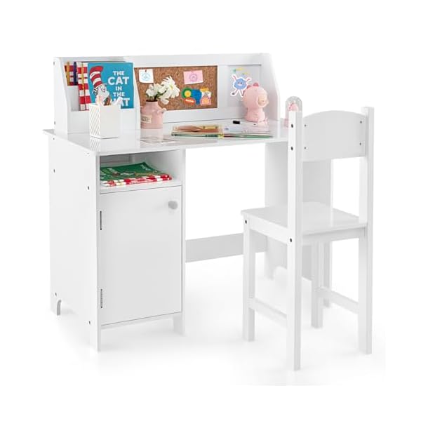 Honey joy kids desk and chair set wooden children school study table and chair wwhiteboard hutch storage shelves student writing desk computer workstation for bedroom 3 years old white  urban country home decor