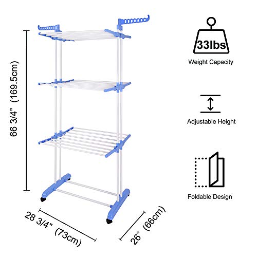 Aquaterior Folding 3 Tier Clothes Drying Rack Rolling Collapsible Garment Laundry Dryer Hanger Stand Rail with Two Side Wings Indoor Blue