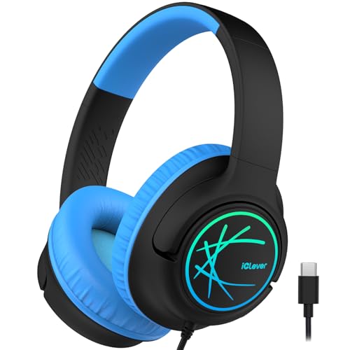 Image of iClever Kids Wired Headphones with LED Light, 85dBA Safe Volume Kids Headphone with Cord, Stereo Sound Foldable Adjustable, USB C Kid Headphones for School /Boys /Girls /iPad, Blue Black