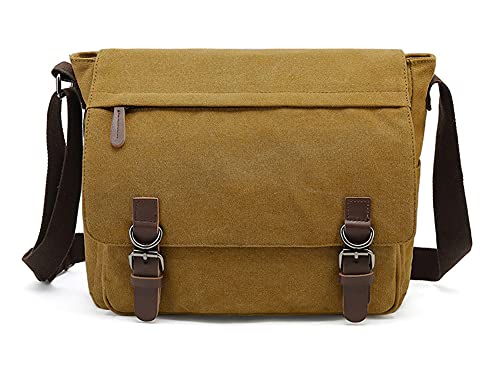 Sechunk Canvas Leather Messenger Bag Shoulder bag Cross body bag Crossbody for 13.3 inch Laptop (Yellow, Small)