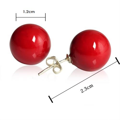 Lureme Women 12Mm Red Shell Bead Silver Tone Classic Round Ball Stud Earrings 02001451 #TOP5