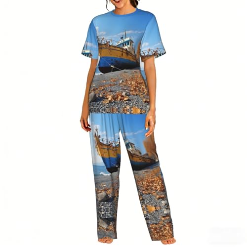 Pyjama doux pour femme bleu ciel imprimé bateau plage
