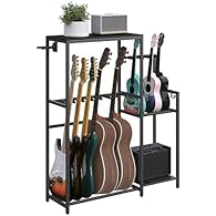 Generous Storage: This guitar stand holds 11 instruments, including 7 guitars, 1 bass, and 3 ukuleles, with space for guitars up to 110 cm. Its spacious top keeps strings, tuners, capos, and more within reach, while the bottom shelf is ideal for guit...