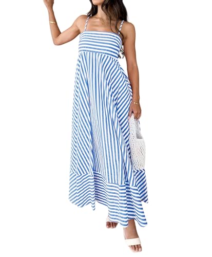 Image of NUFIWI Women Summer Striped Maxi Dress Spaghetti Strap Cutout Ruffle Long Dress Flowy Swing Beach Vocation Dress