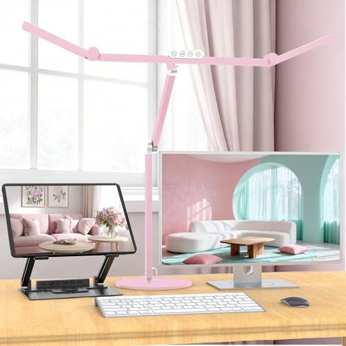 Image of Micomlan Led Desk Lamp with Base, Adjustable Tall Architect Desk Light for Home Office with Flexible Swing Arm, 24W Pink Bright Table Lamp Auto Dimming Computer Light for Workbench