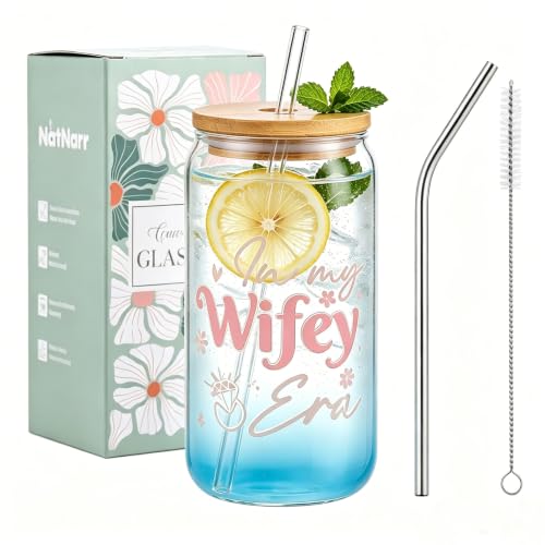 NatNarr Bride to Be Gifts 16 oz Cute Glass Tumbler with Straw and Lid Cleaning Brush Wedding Gifts for Bride Engagement Presents for Her Women Couples Iced Coffee Cup for Bridal Shower Engagement