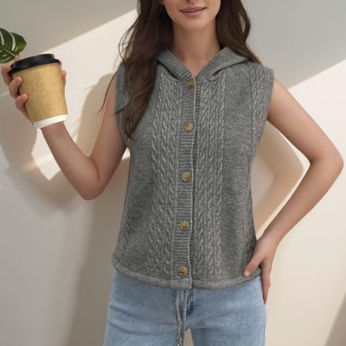 Image of Velius Women Knit Button Down Drawstring Sweater Vest Crop Top with Hood