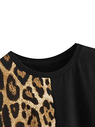 Floerns Girls Colorblock Leopard Patchwork Short Sleeve Round Neck Tee Dress Black 11-12Y #TOP2